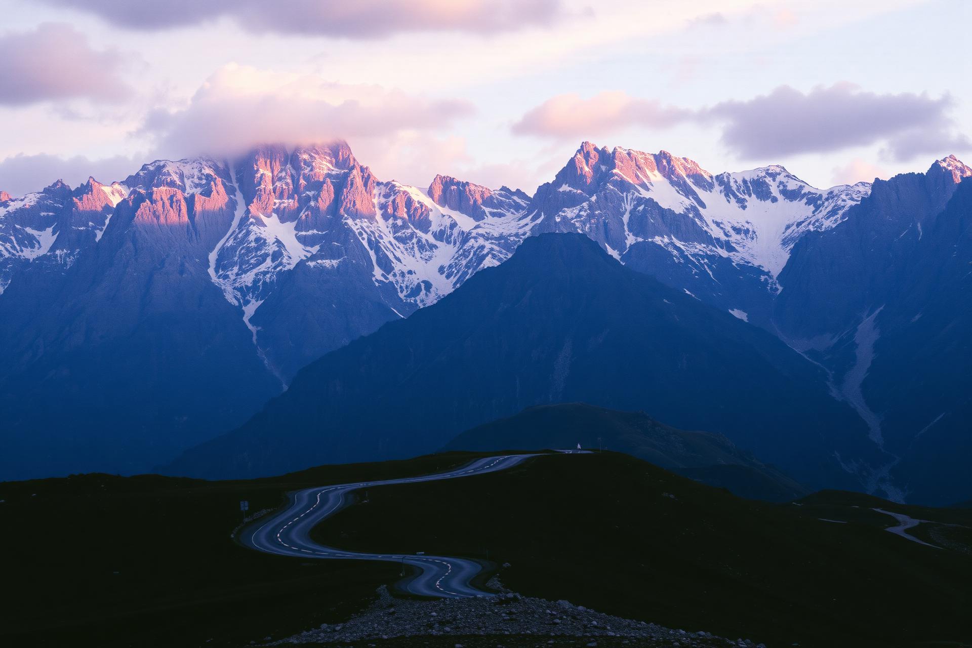 Kronkelende bergweg door de Kaukasus in Georgië bij zonsondergang